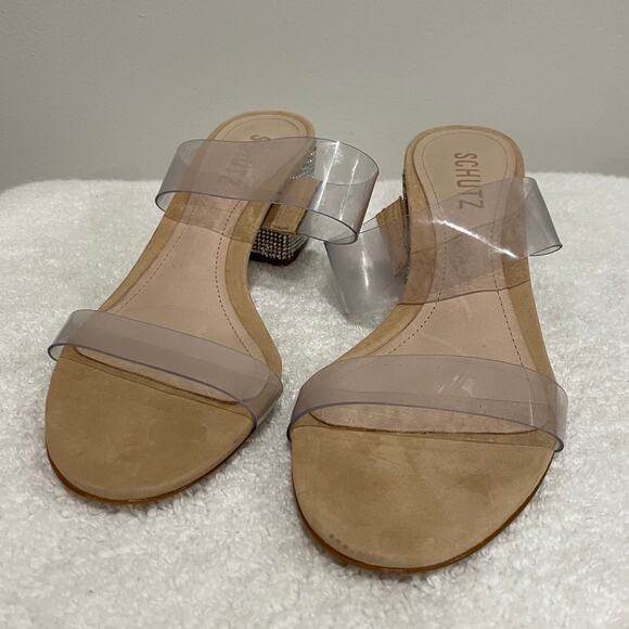 NEW SCHUTZ Victorie PVC Crystal Transparent Strap Leather Mule Sandals Beige 6B - Picture 3 of 11